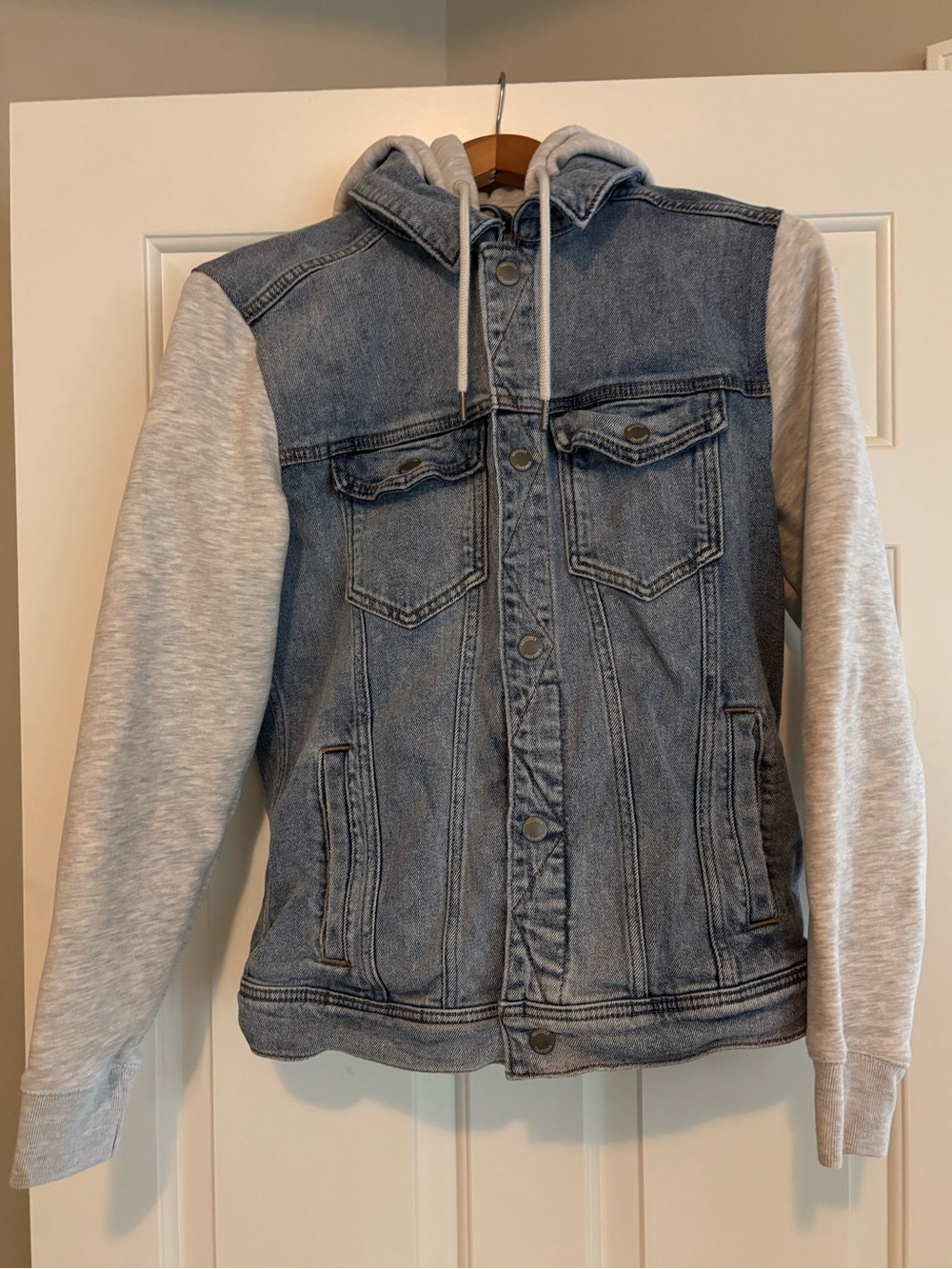 Hollister Blue Denim Bomber Jacket with Gray Hoodie Sleeves